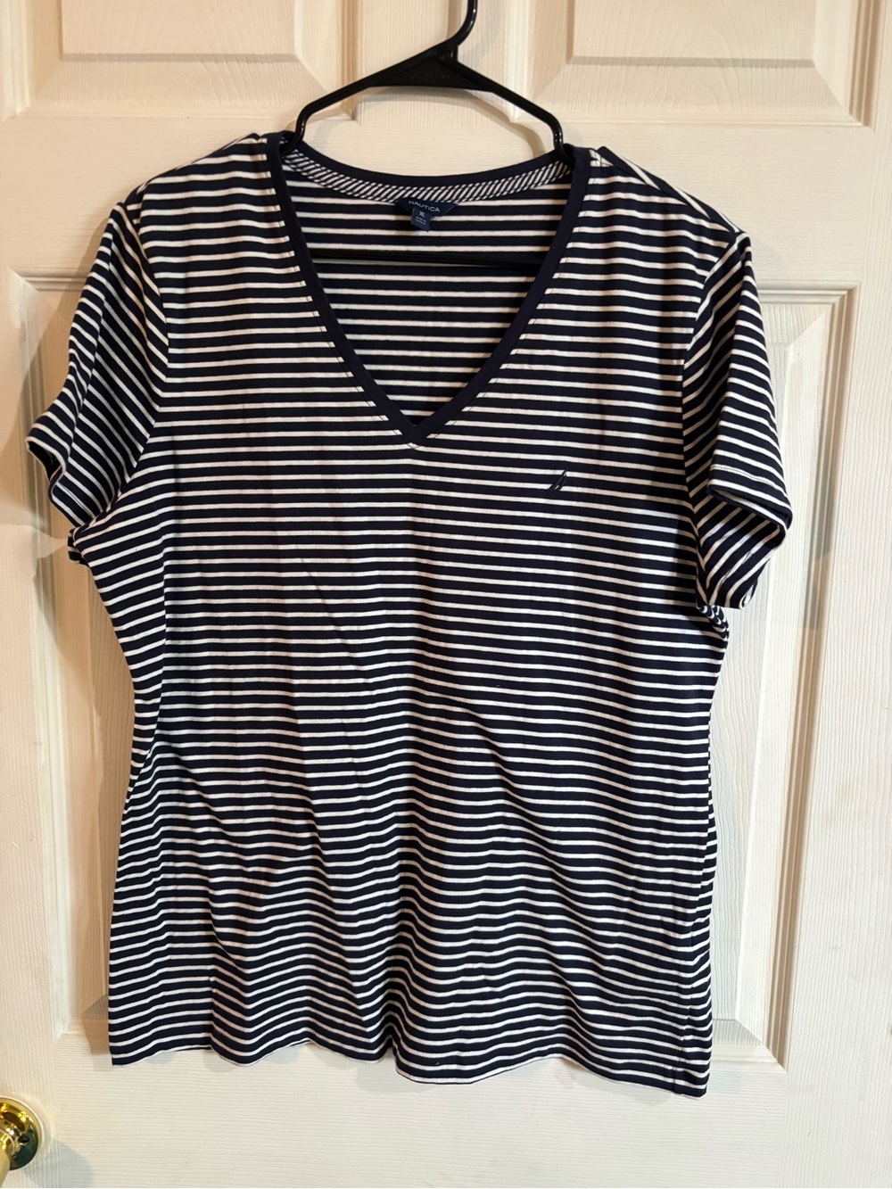Nautica Navy & White Striped V-Neck Short Sleeve Tee